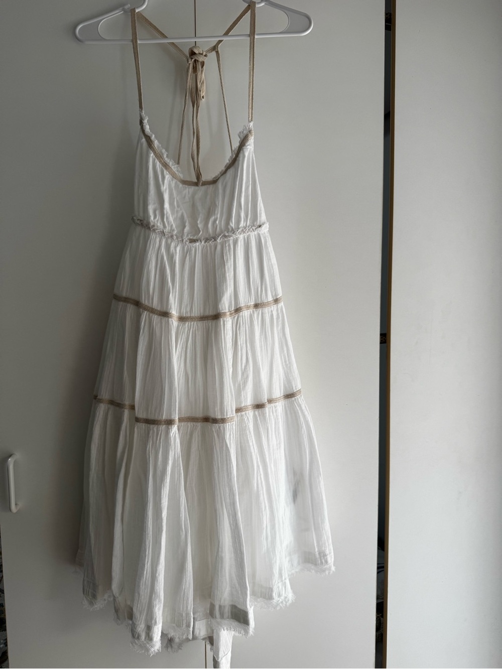 Free People White Midi Sundress with Beige Trim